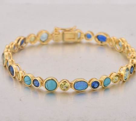 Sterling Silver w/ Yellow Plating Bracelet Blue Spinel,Created Blue Opal,Created Blue Turquoise,Green Nano Cubic Zirconia (Per (B315048MULSY925)