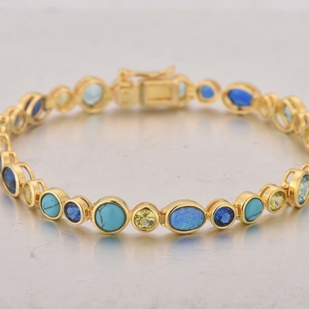 Sterling Silver w/ Yellow Plating Bracelet Blue Spinel,Created Blue Opal,Created Blue Turquoise,Green Nano Cubic Zirconia (Per (B315048MULSY925)
