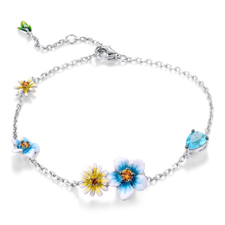 Sterling Silver w/ Black White Plating Bracelet Blue Glass,Enamel,Yellow Nano Cubic Zirconia (Ci (B316091ENASK925)