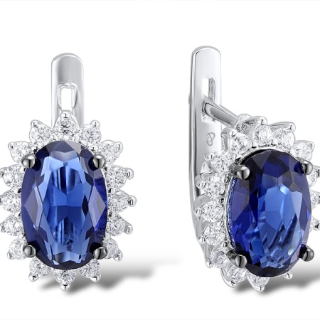 Sterling Silver w/ Black White Plating Earrings Blue Glass,White Cubic Zirconia (E301436ABLGZSK925)