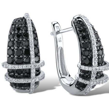 Sterling Silver w/ Black White Plating Earrings White Cubic Zirconia,Black spinel (E303053BSNZSK925)