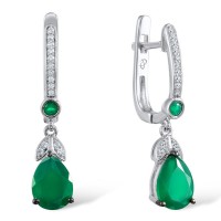 Sterling Silver w/ Black White Plating Earrings Green Chalcedony,White Cubic Zirconia,Dyed Green Agate (E303191SGGRZSK925)