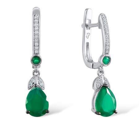 Sterling Silver w/ Black White Plating Earrings Green Chalcedony,White Cubic Zirconia,Dyed Green Agate (E303191SGGRZSK925)