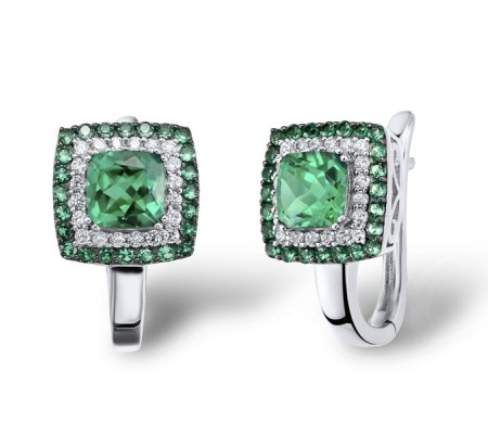 Sterling Silver w/ Black White Plating Earrings White Cubic Zirconia,Dyed Green Agate,Green Spinel (E303192GSGZSK925)