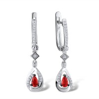 Sterling Silver w/ Black White Plating Earrings Red Glass,White Cubic Zirconia (E303245SREGZSK925)