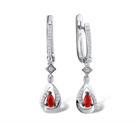 Sterling Silver w/ Black White Plating Earrings Red Glass,White Cubic Zirconia (E303245SREGZSK925)