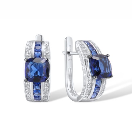 Sterling Silver w/ Black White Plating Earrings Blue Glass,Blue Nano Cubic Zirconia,White Cubic Zirconia (E303453BLNZSK925-J)