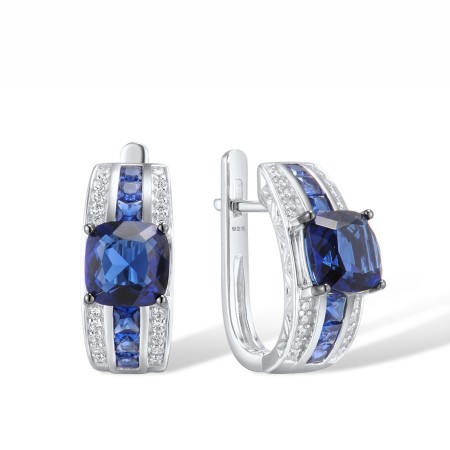 Sterling Silver w/ Black White Plating Earrings Blue Glass,Blue Nano Cubic Zirconia,White Cubic Zirconia (E303453BLNZSK925-J)