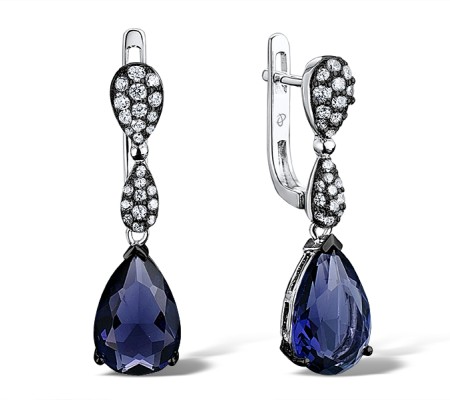 Sterling Silver w/ Black White Plating Earrings Blue Glass,White Cubic Zirconia (E303468BLGZ2SK925)