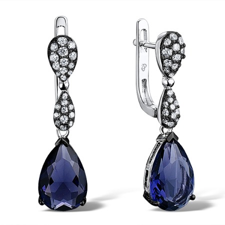 Sterling Silver w/ Black White Plating Earrings Blue Glass,White Cubic Zirconia (E303468BLGZ2SK925)