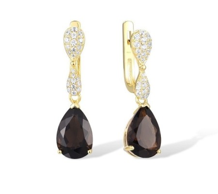 Sterling Silver w/ Yellow Plating Earrings Smoky Quartz,White Cubic Zirconia (E303468SKZSY925)