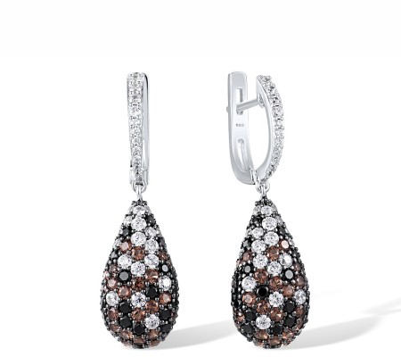 Sterling Silver w/ Black White Plating Earrings Black spinel,Nano Brown Spinel,White Cubic Zirconia (E303539SCWZSK925)