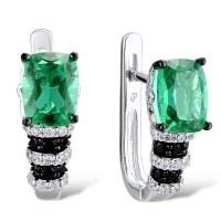 Sterling Silver w/ Black White Plating Earrings Black spinel,Green Glass,White Cubic Zirconia (E303650BGZSK925)