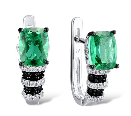 Sterling Silver w/ Black White Plating Earrings Black spinel,Green Glass,White Cubic Zirconia (E303650BGZSK925)