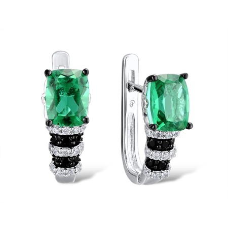 Sterling Silver w/ Black White Plating Earrings Black spinel,Green Glass,White Cubic Zirconia (E303650BGZSK925)