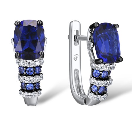 Sterling Silver w/ Black White Plating Earrings Blue Glass,Blue Nano Cubic Zirconia,White Cubic Zirconia (E303650BLNZSK925)