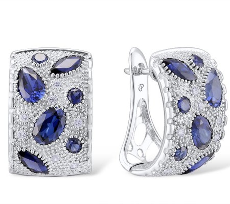 Sterling Silver Earrings Blue Glass,Blue Nano Cubic Zirconia,White Cubic Zirconia (E303781CRSZSL925)