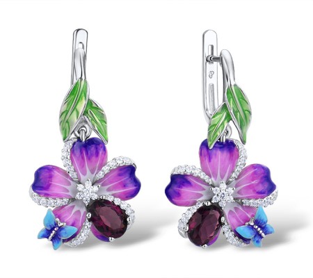 Sterling Silver Earrings White Cubic Zirconia,Enamel,Purple Glass (E303873ENA3SL925)