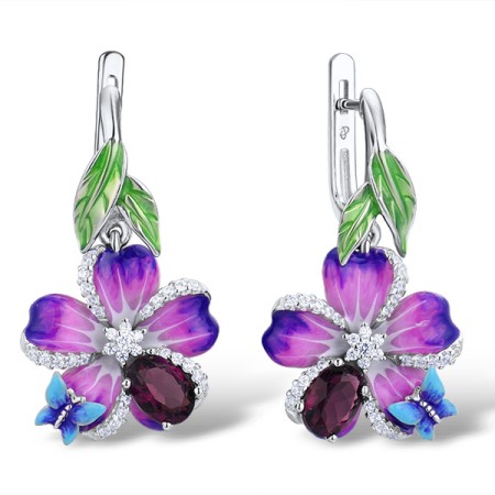 Sterling Silver Earrings White Cubic Zirconia,Enamel,Purple Glass (E303873ENA3SL925)