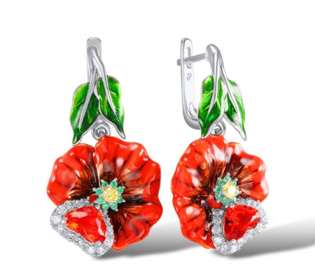 Sterling Silver Earrings Enamel,Yellow Cubic Zirconia,Green Spinel,Red Glass,White Cubic Zirconia (E303874ENASL925)