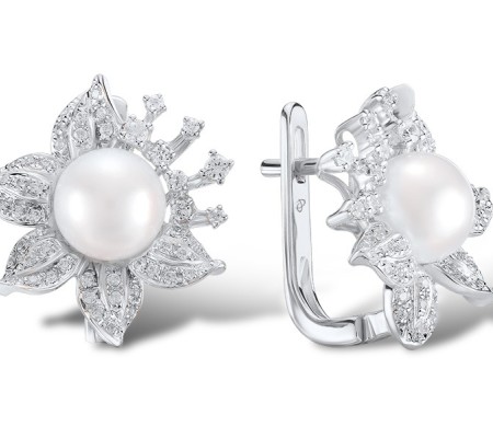 14KW Earrings Diamond,Fresh Water White Pearl (E303999FWP14KW)