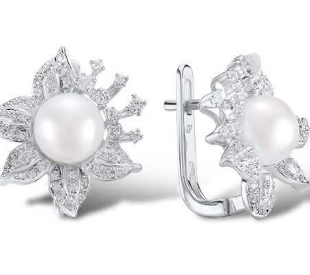 Sterling Silver Earrings Fresh Water White Pearl,White Cubic Zirconia (E303999FWZSL925)