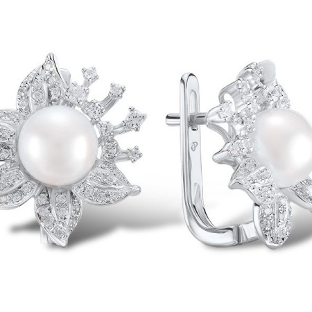 Sterling Silver Earrings Fresh Water White Pearl,White Cubic Zirconia (E303999FWZSL925)