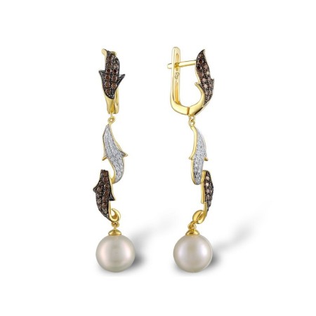 Sterling Silver w/ Yellow Plating Earrings Chocolate CZ,Fresh Water White Pearl,White Cubic Zirconia (E304003FCHZSY925)