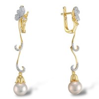 Sterling Silver w/ Yellow Plating Earrings Fresh Water White Pearl,White Cubic Zirconia (E304012FWZSY925)