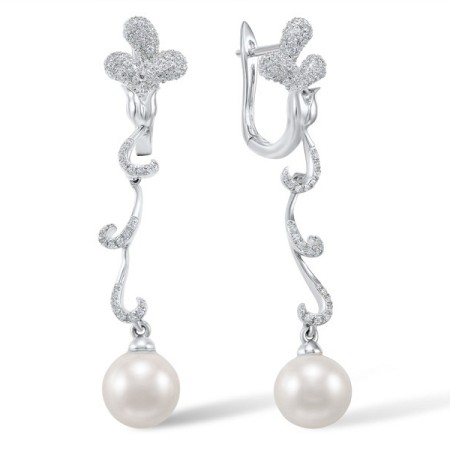 Sterling Silver Earrings Fresh Water White Pearl,White Cubic Zirconia (E304013FWZSL925)