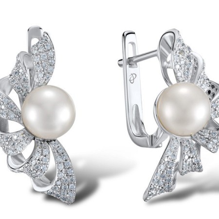 Sterling Silver Earrings Fresh Water White Pearl,White Cubic Zirconia (E304015FWZSL925)