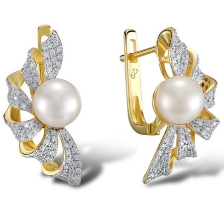 Sterling Silver w/ Yellow Plating Earrings Fresh Water White Pearl,White Cubic Zirconia (E304015FWZSY925)