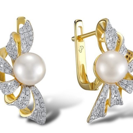 Sterling Silver w/ Yellow Plating Earrings Fresh Water White Pearl,White Cubic Zirconia (E304015FWZSY925)