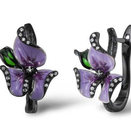 Sterling Silver w/ Black Plating Earrings Enamel,White Cubic Zirconia (E304020ENASB925)