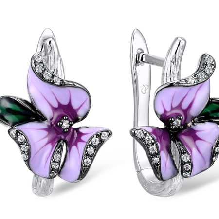 Sterling Silver w/ Black White Plating Earrings White Cubic Zirconia,Enamel (E304020ENASK925)