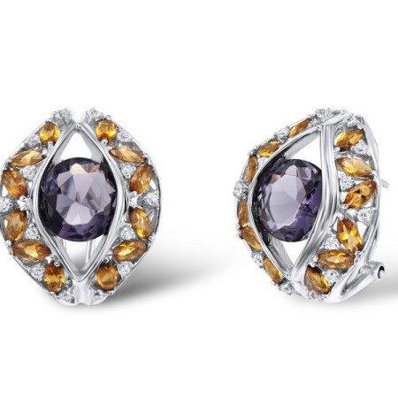 Sterling Silver Earrings Purple Glass,White Cubic Zirconia,Yellow Glass (E304026PYGZSL925)