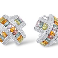 Sterling Silver Earrings Blue Glass,Garnet Glass,Green Glass,Purple Glass,White Cubic Zirconia,Yellow Glass (E304028MULSL925)