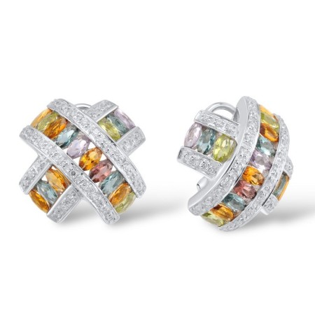 Sterling Silver Earrings Blue Glass,Garnet Glass,Green Glass,Purple Glass,White Cubic Zirconia,Yellow Glass (E304028MULSL925)