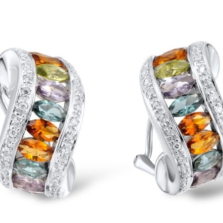 Sterling Silver Earrings Blue Glass,Garnet Glass,Green Glass,Purple Glass,White Cubic Zirconia,Yellow Glass (E304029MULSL925)