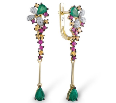 14KYWB Earrings Pink Sapphire,Yellow Sapphire,Diamond,Emerald (E304096EPYS14KYWB)
