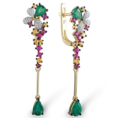 14KYWB Earrings Pink Sapphire,Yellow Sapphire,Diamond,Emerald (E304096EPYS14KYWB)