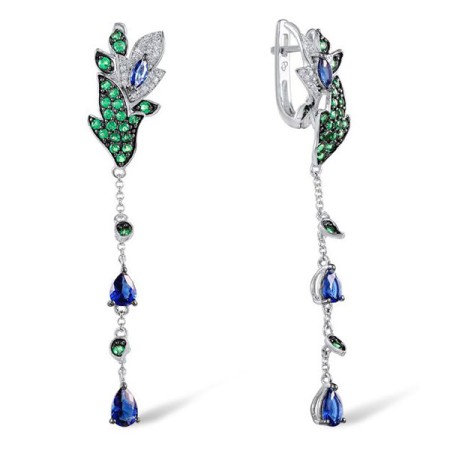 Sterling Silver w/ Black White Plating Earrings Blue Glass,Green Spinel,White Cubic Zirconia (E304099SGBGZSK925)
