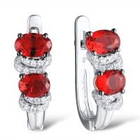 Sterling Silver w/ Black White Plating Earrings Red Glass,White Cubic Zirconia (E304113SREGZSK925)