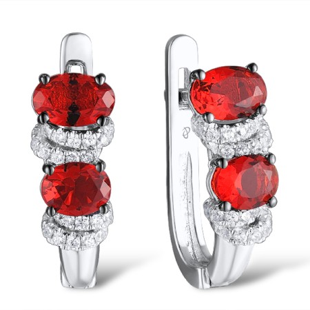 Sterling Silver w/ Black White Plating Earrings Red Glass,White Cubic Zirconia (E304113SREGZSK925)