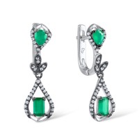 Sterling Silver w/ Black White Plating Earrings White Cubic Zirconia,Dyed Green Agate,Green Chalcedony (E304120SGGRZSK925)