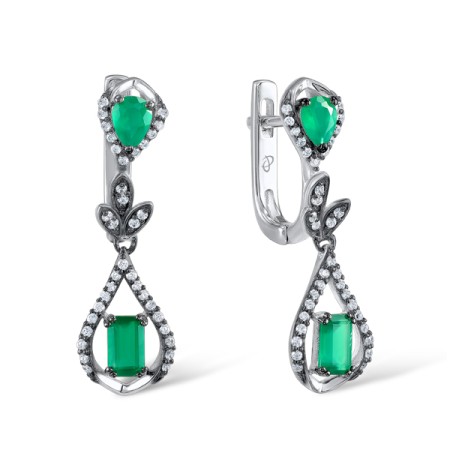 Sterling Silver w/ Black White Plating Earrings White Cubic Zirconia,Dyed Green Agate,Green Chalcedony (E304120SGGRZSK925)