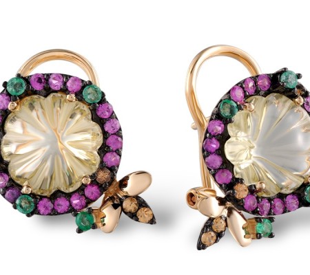 14KRB Earrings Pink Sapphire,Yellow Sapphire,Emerald,Lemon Quartz (E304157MUL14KRB)