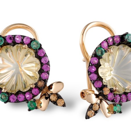 14KRB Earrings Pink Sapphire,Yellow Sapphire,Emerald,Lemon Quartz (E304157MUL14KRB)