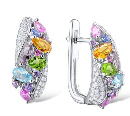 Sterling Silver Earrings Green Glass,Blue Glass,Orange Glass,Blue Spinel,Purple Glass,Created Pink Sapphire,Amethyst Cubic Zirconia,White Cubic Zirconia (E304173SMUL2SL925)