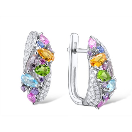 Sterling Silver Earrings Green Glass,Blue Glass,Orange Glass,Blue Spinel,Purple Glass,Created Pink Sapphire,Amethyst Cubic Zirconia,White Cubic Zirconia (E304173SMUL2SL925)